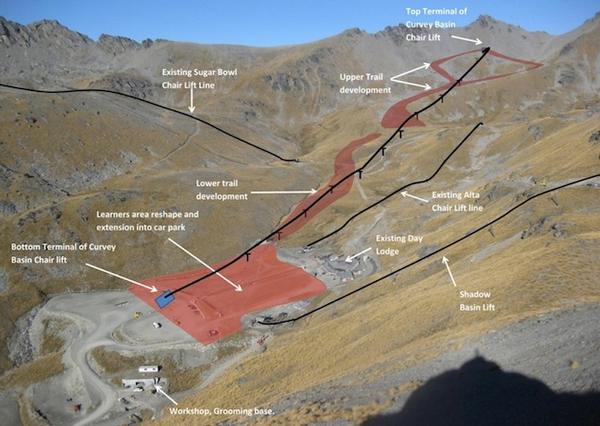 Aerial view of The Remarkables ski area showing existing lift lines and the new proposed Curvey Basin chairlift.